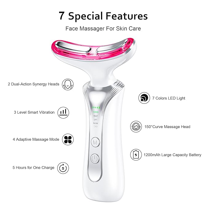 7 in 1 Multifunctional Facial Massager, Red Light Therapy for Face with 7 Modes, Face Lift Device, Portable Facial Massager for Wrinkles,Neck&Skin Care-White