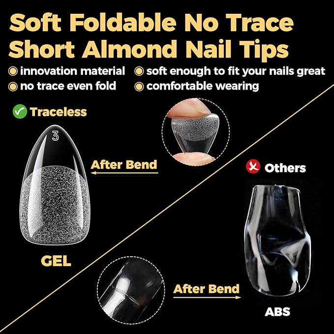 UNA GELLA Short Almond Gel Nail Tips, 600 Pcs Pre-Filed Short Nail Tips Almond Shape Half Matte Press On Nails 12 Sizes Full Cover Clear Fake Nails for Extension Home DIY Salon with Box