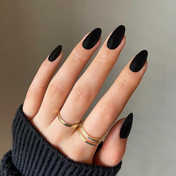 Matte Black Press on Nails Short Almond Fake Nails Press ons, Thick Solid Color Glue on Nails Short False, Medium Almond Oval Round Shaped for Women, 24Pcs Natural Acrylic Gel Nail