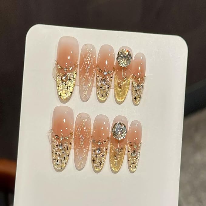 Handmade Press on Nails Long Stiletto Fake Nails French Tip with 3D luxury Rhinestones Designs Gold Glitter Cute Acrylic Nails for Women 10pcs (Size M）