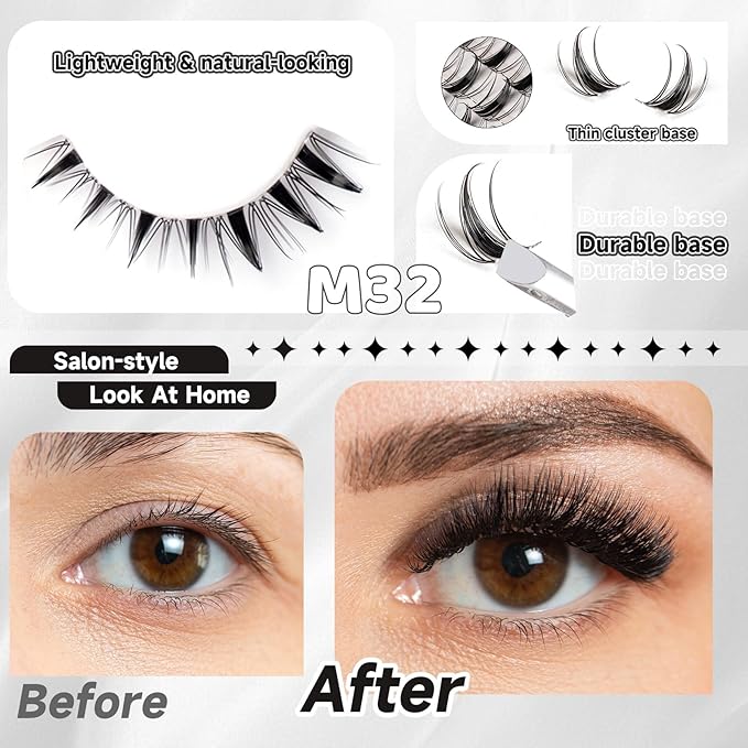 Lash Clusters 154pcs Manga Lash Extension Kit Curly 10-18mm Cluster Eyelash Extensions Natural Lash with Bond and Seal-M32+M34（Spiky+Natural）