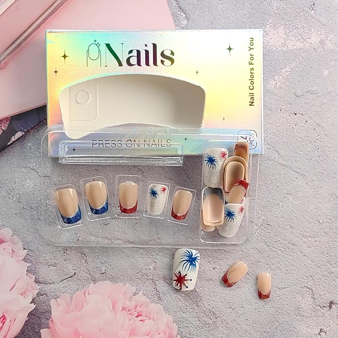 24Pcs Independence Day Press on Nails Medium French Tip Fake Nails Glitter Firework Full Cover Square Glue on Nails 4th of July Acrylic Nails Patriotic False Nails French Artificial Stick on Nails
