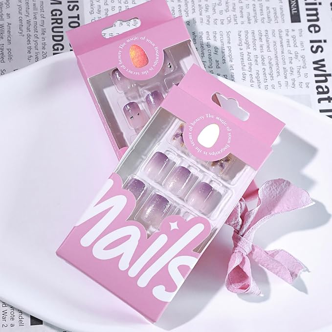 24Pcs 3D Flower Press on Nails Silver Glitter Stick on Fingernails Glossy Purple Gradient Acrylic Fake Nail Rhinestones Short Square False Nails Pearls Gel Glue on Nail for Coquette Women Girls