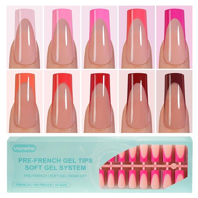 300Pcs French Gel Nail Tips, Vansiho Long Square Nail Tips, Pink Pre-French Tips Press on Nails, Acrylic Fake Nails for Nail Art DIY 15 Sizes