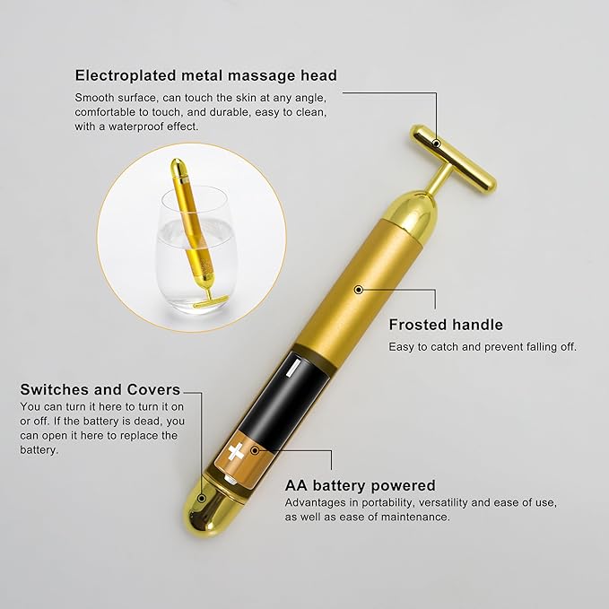 Elitzia T-Shape Beauty Pulse Face Massager 24k Golden Facial Vibration Lift Massage Tools Promote Absorption Improve Multifunctional Can Be Used for Relaxing Face Eyes Head and Ears Portable ETGB001