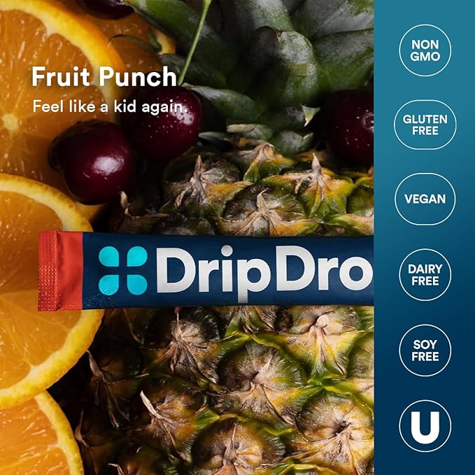 DripDrop Hydration Packets - Fruit Punch - Single Serve Electrolytes Powder Drink Mix - Non-GMO, Gluten Free, Vegan - 32 Sticks