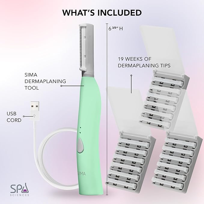 SPA SCIENCES - SIMA Patented Dermaplane Razor for Women Face – Painless 2-in-1 Facial Exfoliation & Peach Fuzz Hair Removal – Anti-Aging – 3 Speeds – Rechargeable – 19 Weeks Treatment