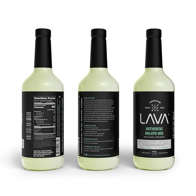 LAVA Premium Authentic Mojito Mix, Made with Real Lime Juice, Mojito Mint, Spearmint, Demerara, Cane Sugar, Refreshing Rum Mojito Mixer. Ready to Use. 1-Liter (33.8oz) Glass Bottle