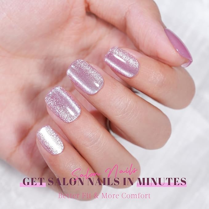 Pink Cat Eye Press on Nails Short, Jofay Fashion Soft Gel Fake Nails, Elegant Press on Nails, Reusable & Natural Acrylic False Nails, Stick on Nails for Women Girls Gift, Glue on Nails Kit 32 Pcs