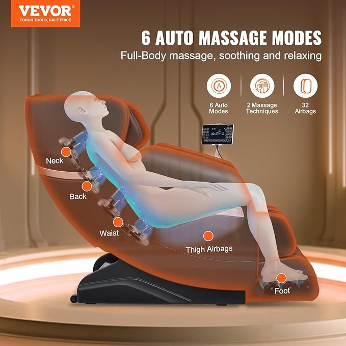 VEVOR Massage Chair - Full Body Zero Gravity Recliner with Multi Auto Modes, 3D Shiatsu, Heating, Bluetooth Speaker, Airbag, Foot Roller, and Touch Screen