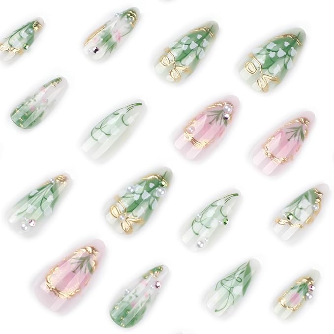 Green Press on Nails Medium Almond Fake Nails with 3D Pearl Rhinestones Designs Gold French Tips Flower Acrylic Nails False Nails White Floral Full Cover Glossy Stick on Nails for Women 24Pcs