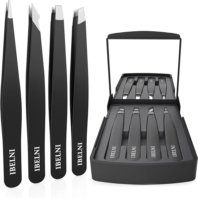 Tweezers Set with Mirror Case - Tweezers for Women facial hair-Professional Twizzers Facial Hair Tweezers for Eyebrows- Stainless Steel Tweezer kit with mirror compact (Black)