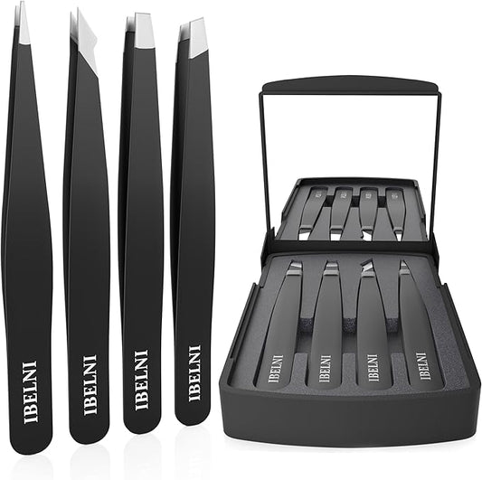 Tweezers Set with Mirror Case - Tweezers for Women facial hair-Professional Twizzers Facial Hair Tweezers for Eyebrows- Stainless Steel Tweezer kit with mirror compact (Black)