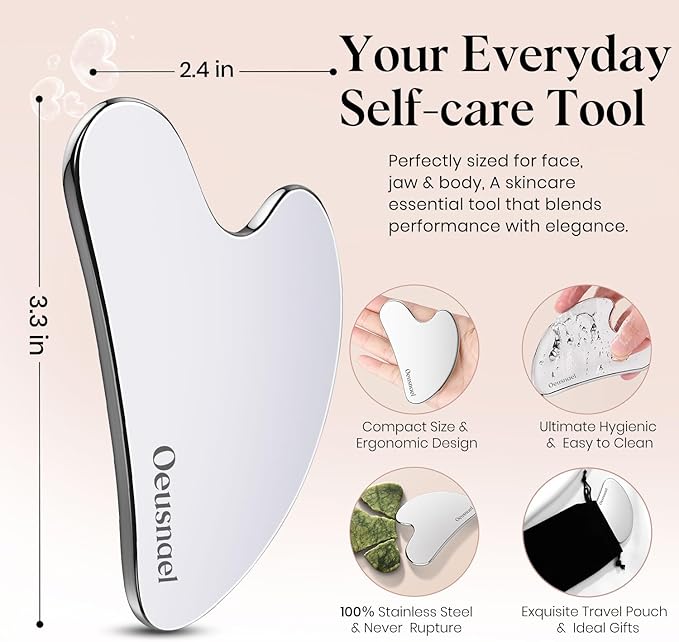 Stainless Steel Gua Sha Facial Tools, Lymphatic Drainage Massager for Face Sculpting, Chin & Jawline Shaper, Metal Guasha Tool for Body Eyes Neck, Self Skin Care Gift for Women Men with Pouch