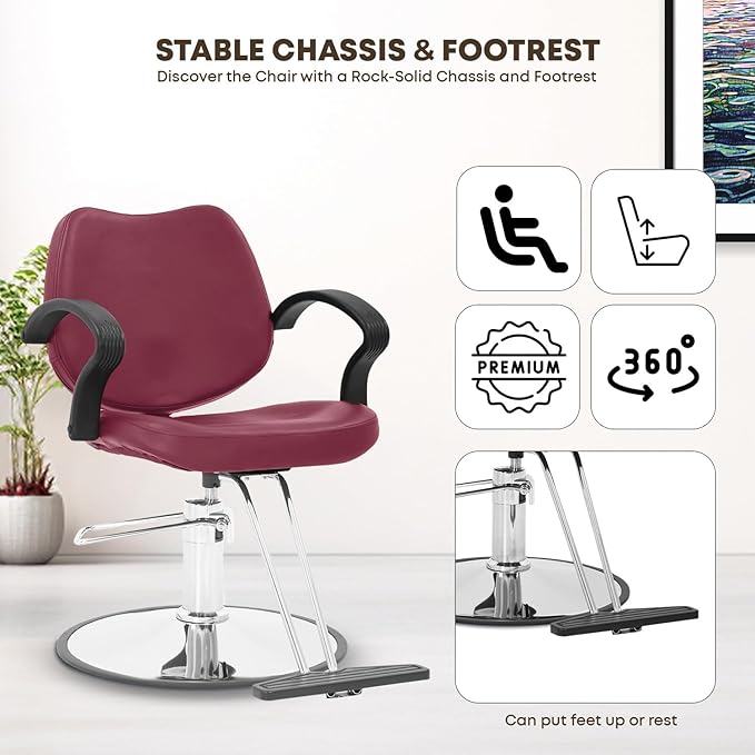Barber Chair - Heavy Duty Hydraulic Pump Hair Cutting Chair with 360 Swivel & Ergonomic Design for Women & Men, Burgundy