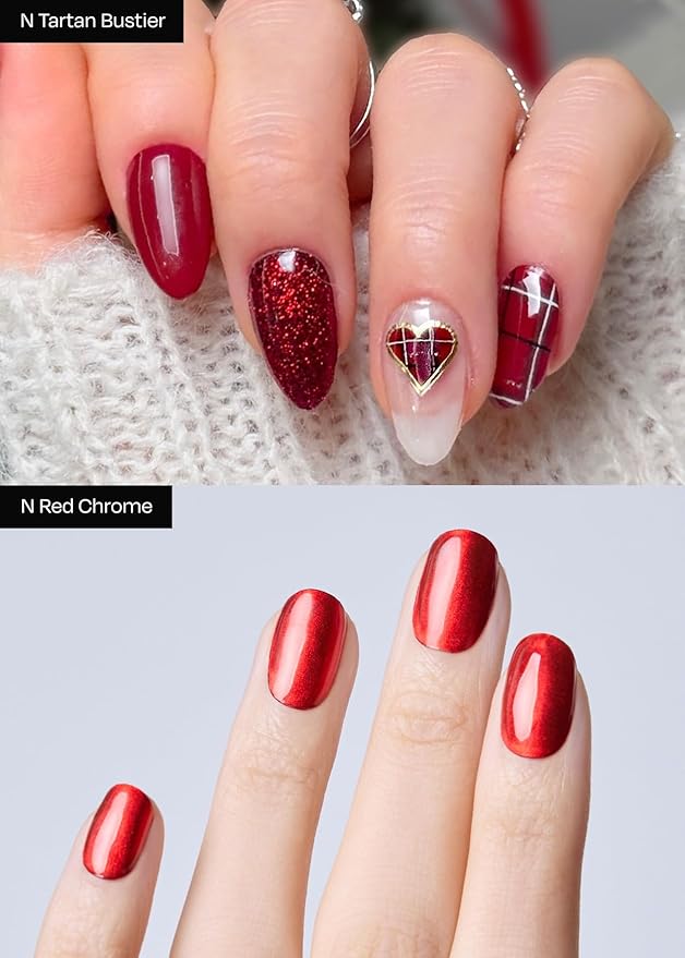 ohora Semi Cured Gel Nail Strips ([2025 Christmas Set] N Tartan Bustier & N Red Chrome) - Works with Any Lamps, Salon-Quality, Long Lasting, Easy to Apply & Remove