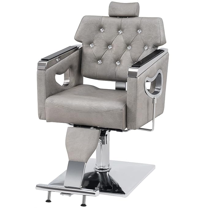 BarberPub Barber Chair Reclining Salon Chair for Hair Stylist, Antique Hair Spa Salon Styling Beauty Equipment 8132 (Silver Grey)