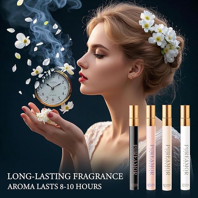 Pheromones Perfumes for Women, Long Lasting 4-pack Perfume Set, Amber Vanilla, Saffron Amber, Woody Citrus, Spicy Sandalwood, 1.64fl. Advanced Travel Cologne Spray for Men & Women