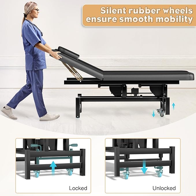 Electric Lift Massage Physical Therapy Table with Adjustable Backrest, Lockable Wheels, 4'' Think Premium Foam, 1500Lbs Capacity Professional Electric Massage Bed Commercial Home Use, Black