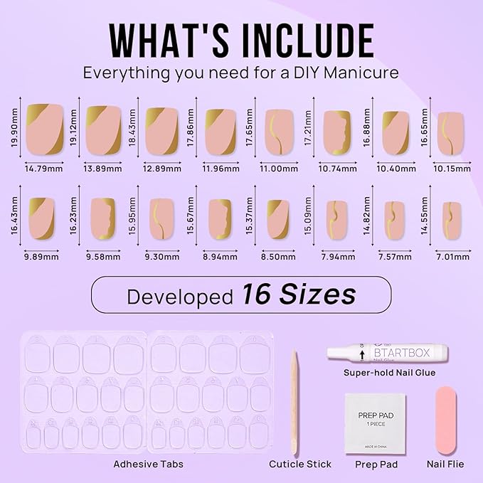 BTArtbox Press On Nails Short Square - Gold Designed Press On Nails, Winter Glue On Nails for Women Gifts, Natural Fake Nail with Glue, Glue On Nails in 16 Sizes - 30 Nail Kit, Gold Leaf