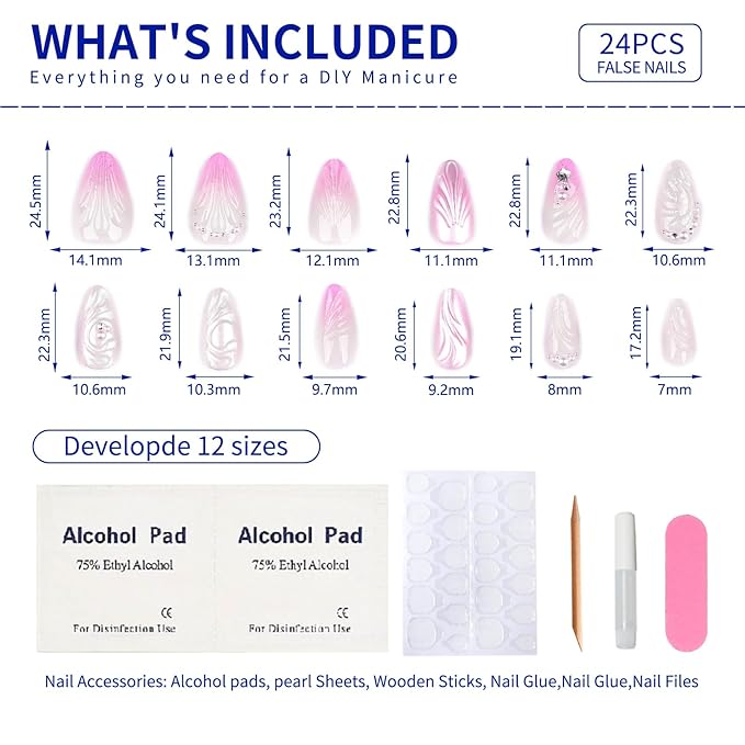 Handmade Almond Shaped Press-On Nails Pink 3D Shell Pearls Medium Long False Nails Crystal Nails Reusable False Nail Kit Glossy Full Cover Glue Nails for Women 24pcs