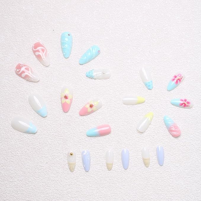 24Pcs Blue Flower Press on Nails Medium Almond False Nails Beach Summer Fake Nails with 3D Pearl Flower Designs Relief Ripple Artificial French Tips Glue on Nails Acrylic Stick on Nails for Women DIY
