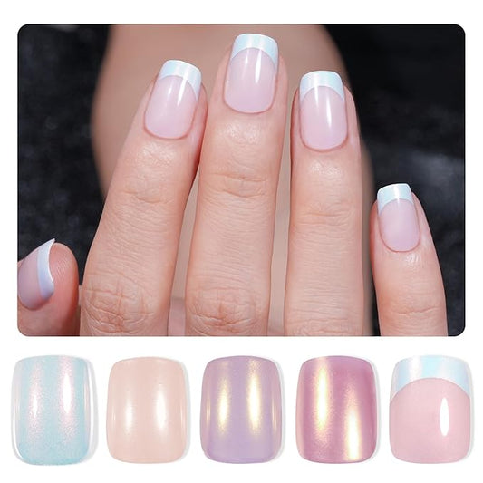 Jofay Fashion Press On Nails Short French Mermaid/Pearl/Aurora Chrome Nail Designs, Glossy Artificial Acrylic False Nails, short nails press on Stick on Nails for Women, 5 Styles