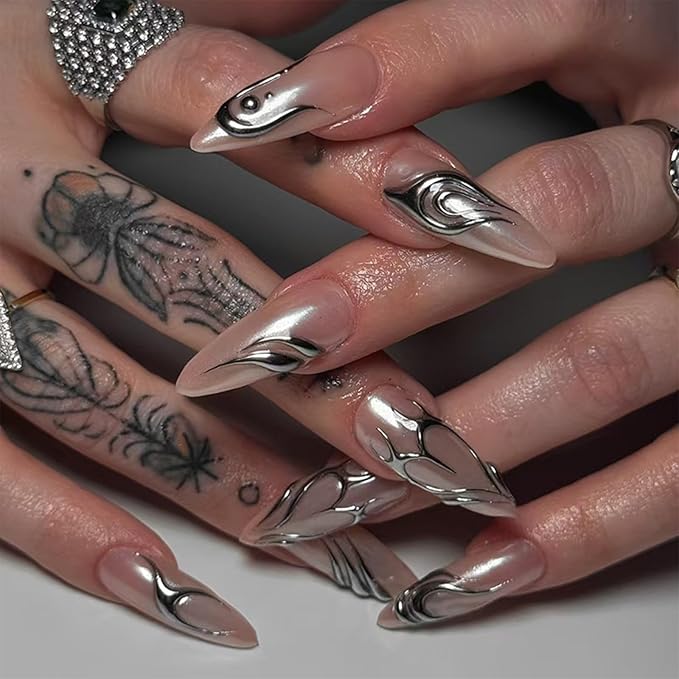 IMRAIN Press on Nails Medium Almond Fake Nails Nude Cat's Eye False Nails with 3D Irregular Line Designs Acrylic Nail Supplies Glossy Glue on Nails for Women Girls Manicure Decor