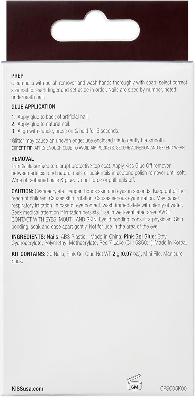 KISS Classy Nails Premium, Press-On Nails, Nail glue included, 'Gleamin', White, Medium Size, Almond Shape, Includes 30 Nails, 2G Glue, 1 Manicure Stick, 1 Mini File