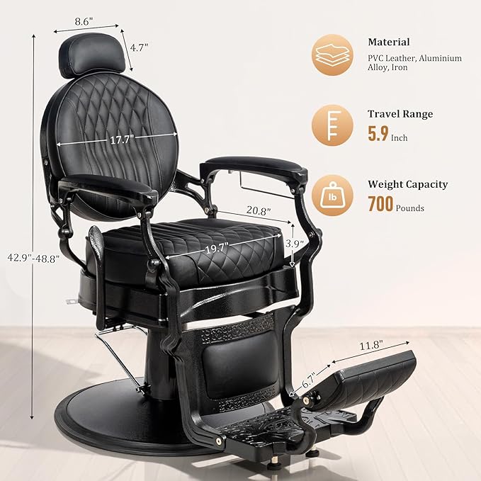 OmySalon Retro Barber Chair Heavy Duty, Aluminum Alloy Frame, Adjustable Headrest, Extra Wide Footrest, Hydraulic Salon Chair for Hair Stylist Reclining All Purpose for Beauty Spa Shampoo, All Black