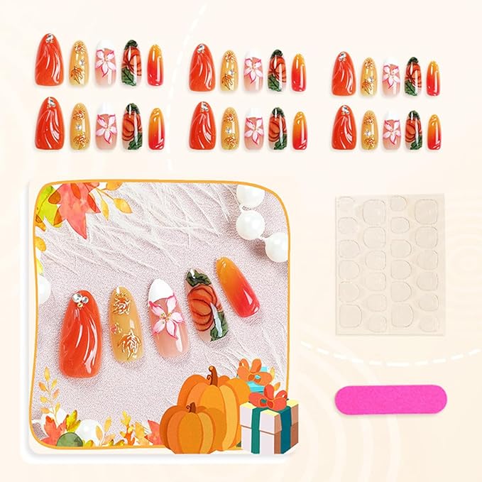 30Pcs Fall Press on Nails Medium Almond Fake Nails with 3D Flower Rhinestones Design Orange Pumpkin Maple Leaf False Nails White French Tip Acrylic Nails Autumn Thanksgiving Stick on Nail for Women