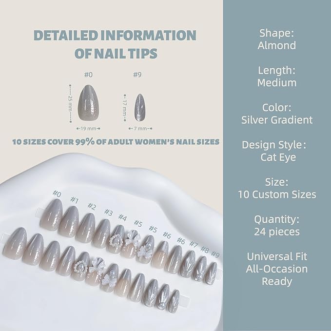 Silver Gradient Cat Eye Press On Nails – 24PCS Medium Almond Fake Nails with 10 Sizes, 3D Floral Design, Reusable Glue-On Nail Tips for Women, Natural Fit for All Occasions