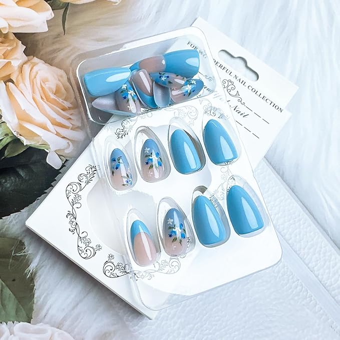 24Pcs Blue Press on Nails Medium Almond Nails French Tip Fake Nails with Floral Spring Summer False Nails Gradient Designs Glue on Nails Blue Flower Acrylic Nails Full Cover Nail Tips for Women