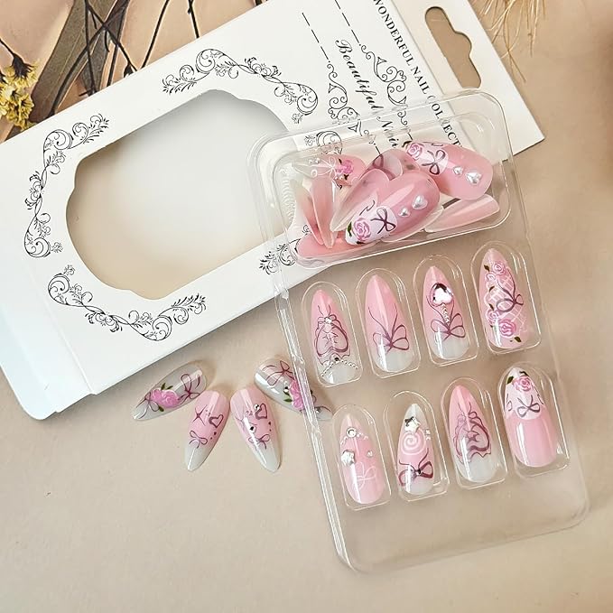 24Pcs Pink Bow Press on Nails Medium Almond Fake Nails Romantic Rose with Sparkly Pearl Design Heart False Nails Spring Summer Stick on Nails Handmade Full Cover Artificial Glue on Nails for Women DIY