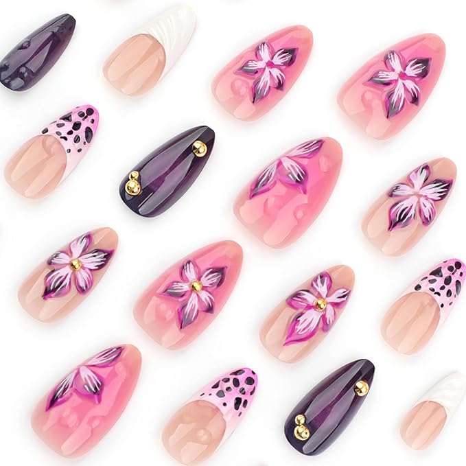 Flowers Fake Nails French Tip Press on Nails 3D Purple Floral Acrylic Nails Medium Almond False Nails with Designs Nail Charm Glue on Nails Soft Gel Wavy Artificial Nails for Women Girls Manicure Art