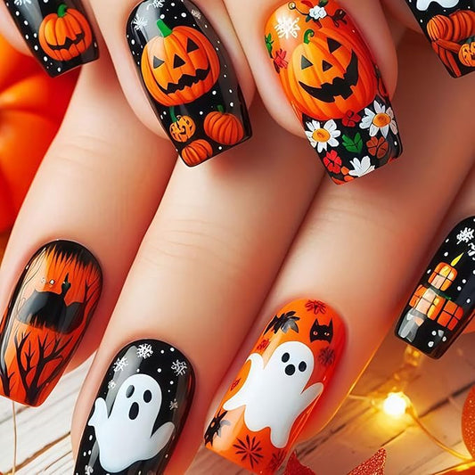 24Pcs Horror Pumpkin Press on Nails Medium Square Halloween Fake Nails Pumpkins Ghost Black Cat with Flower Full Cover Glue on Nail Goth False Nails Halloween Horror Stick on Nail for Women Acrylic