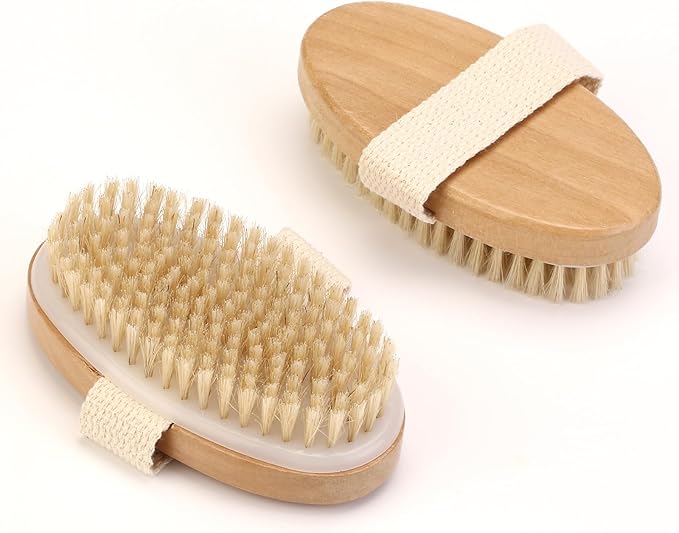 2Pcs Natural Bristle Exfoliating Brush, Body Scrubber for Lymphatic Drainage, Blood Circulation, Wet and Dry Brush, Deep Exfoliation for Smooth Skin