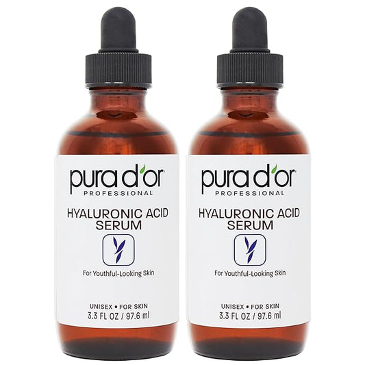 PURA D'OR Hyaluronic Acid Serum For Deep Hydration (3.3oz x2 = 6.6oz) Anti-Aging, Plumping & Moisturizing Formula For Smooth, Supple Skin - Natural Skincare Boost - Fine Lines & Wrinkle Reducer