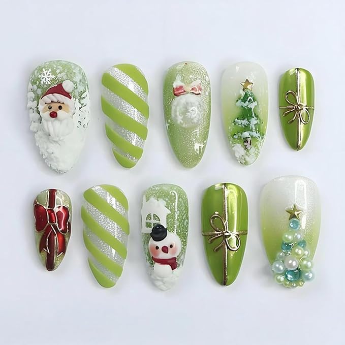 30Pcs Christmas Press on Nails Medium Almond Fake Nails Winter Acrylic Nails Snowman Santa Designs Green Christmas False Nails Snowflake Xmas Tree with Rhinestones Full Cover Stick on Nail for Women