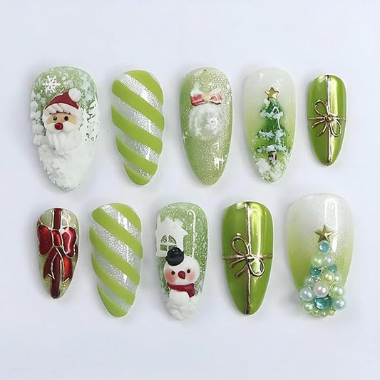30Pcs Christmas Press on Nails Medium Almond Fake Nails Winter Acrylic Nails Snowman Santa Designs Green Christmas False Nails Snowflake Xmas Tree with Rhinestones Full Cover Stick on Nail for Women