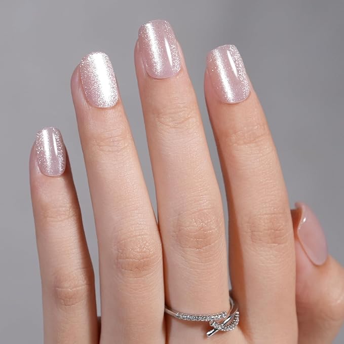 Cat Eye Press on Nails Short, Jofay Fashion Soft Gel Fake Nails, Elegant Nude Press on Nails, Reusable & Natural Acrylic False Nails, Stick on Nails for Women Girls Gift, Glue on Nails Kit 32 Pcs