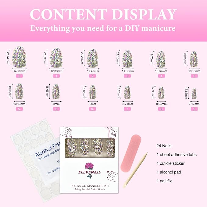 Handmade 24pcs Full 3D Rhinestone Press on False Nails Medium length Coffin Fake Nails Salon DIY Manicure Reusable Acrylic Shiny Crystal Nail Art Tips Gift for Women Girls