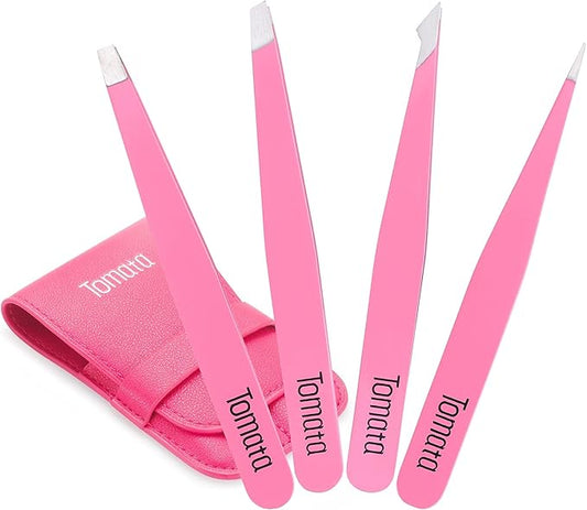 Tweezers for Eyebrows, Slant Tip and Pointed Eyebrow Tweezer Set Great Precision for Eyebrows Facial Hair, Ingrown Hair, Splinter, Blackhead and Tick Remover (4-piece) (pink)