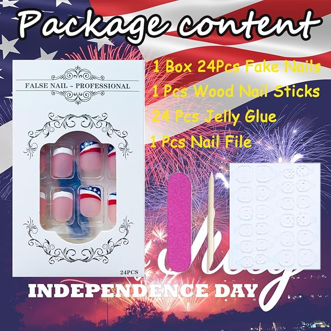 24Pcs Independence Day French Tip Press on Nails Short Square Fake Nails with USA Flag Nail Tips Design 4th of July Acrylic Glue on Nails Patriotic False Nails Full Cover Stick on Nails for Women