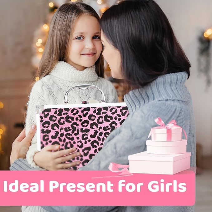 Anpro All-In-One Leopord Double Folding Makeup Carry Case with Pro Teen Makeup Set, Full Starter Kit with Makeup Brushes, Lipsticks, Eyeshadow Palette, Blushes, Glitter Gel, Ideal Present for Girls