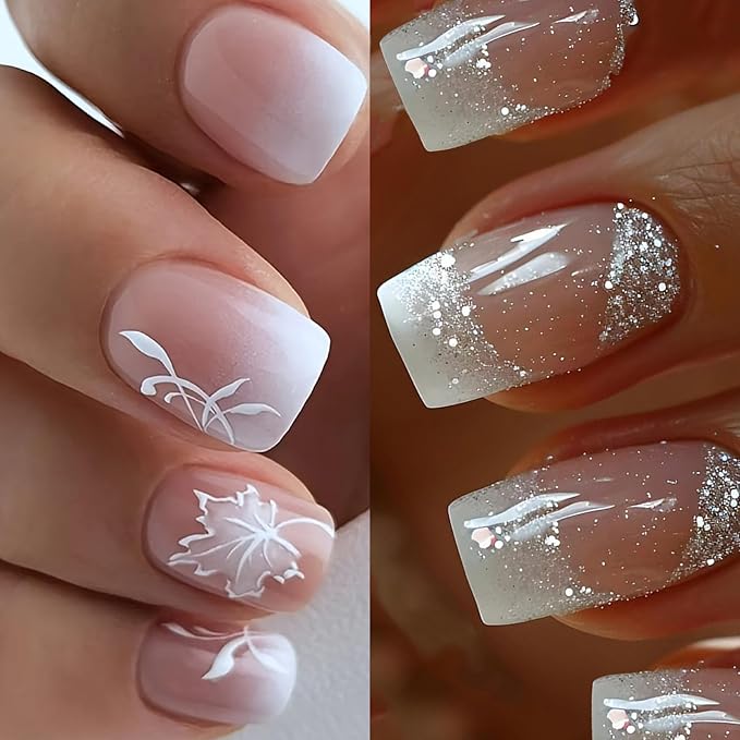 2Packs 48 Pcs Ombre Press on Nails Short Press on Nails Medium Square Fake Nails White Gradient Acrylic Nails French Tip False Nails Press on Glitter Glue on Nails Artificial Nails for Women Manicure