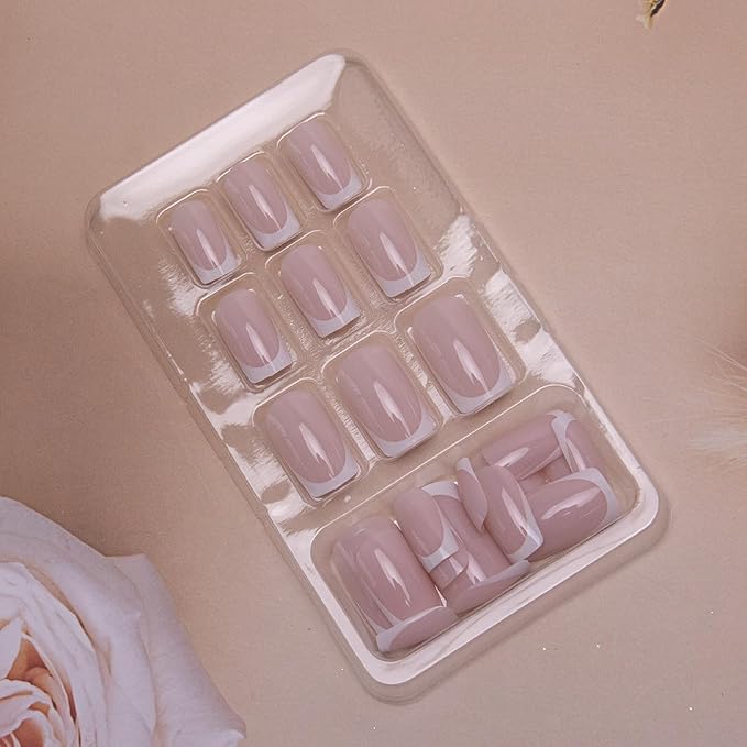 French Tip Press on Nails Short Square Fake Nails White Nail Tips Acrylic Nails Nude Nature False Nails Press ons Stick on Nails Clossy Artificial Nails for Women Girls Manicure 24Pcs