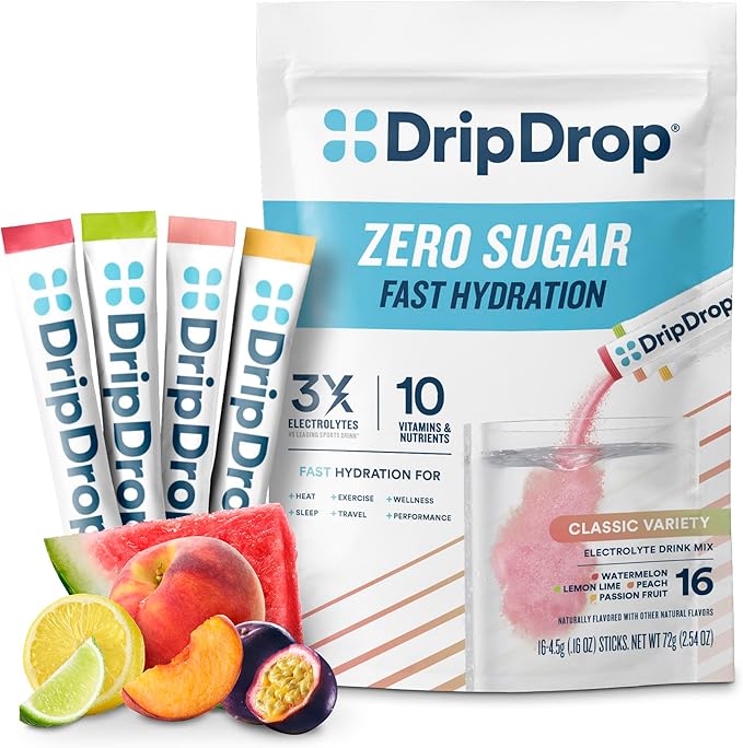 DripDrop Sugar Free Hydration Packets - Zero Classic Variety Pack - Single Serve Electrolytes Powder Drink Mix - Lemon Lime, Watermelon, Peach, Passion Fruit - Non-GMO, Gluten Free, Vegan - 16 Sticks