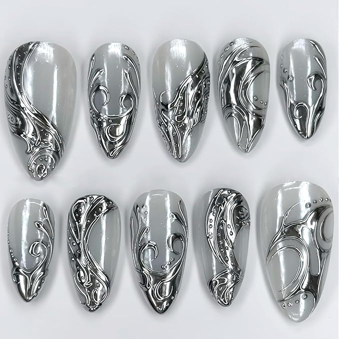 Silver Press on Nails Medium Almond Fake Nails Metal Chrome False Nails Gothic Stripes Line Acrylic Nails Reusable Artificial Nail 3D Full Cover Stick on Nail for Women Girls Manicure Art Decoration
