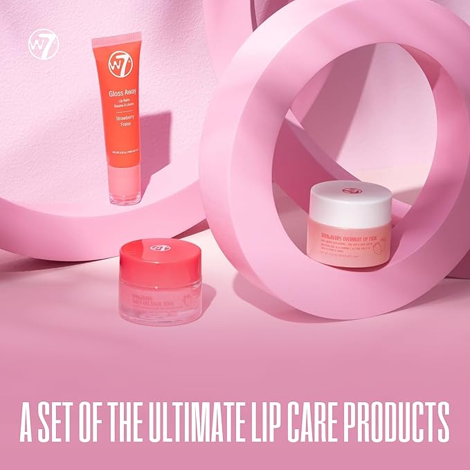 W7 Sweet Dreams Lip Care Trio - 3 Piece Set - Overnight Lip Mask, Lip Balm & Lip Scrub - Strawberry